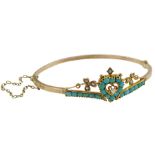 Edwardian 9ct rose gold turquoise and split seed pearl heart bangle