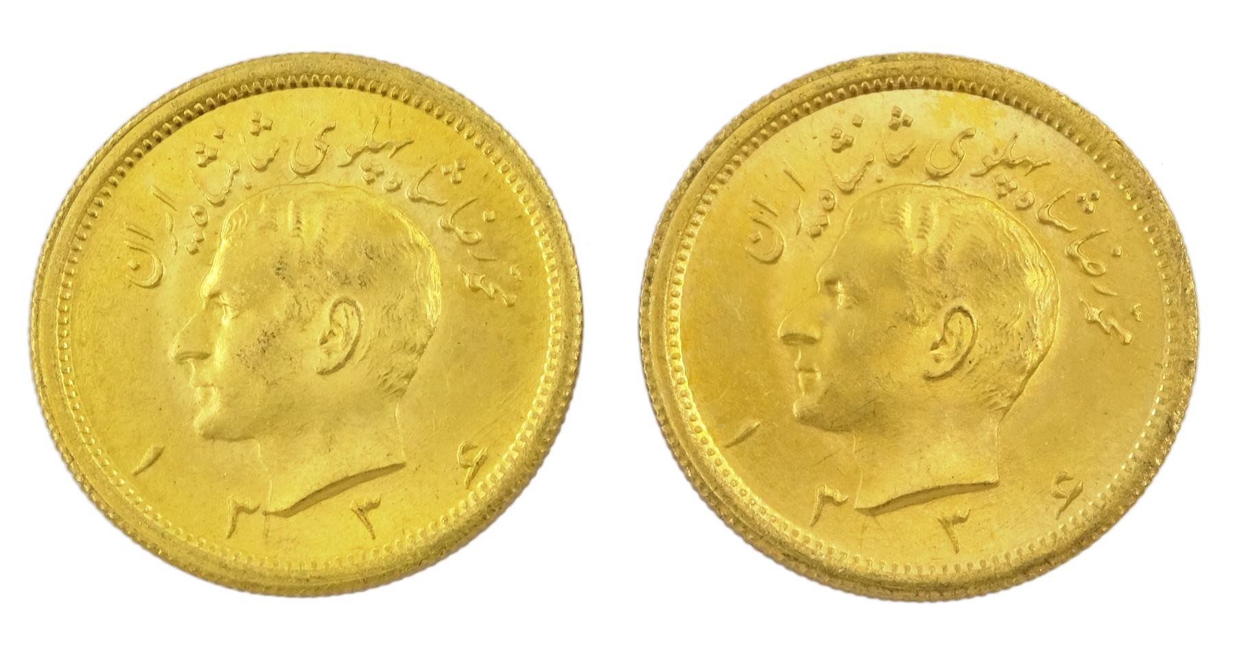 Two Persia (Iran) Mohammed Reza Shah 1 Pahlavi gold coins