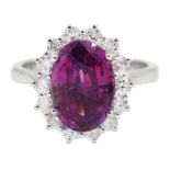 18ct white gold oval pink sapphire and diamond cluster ring