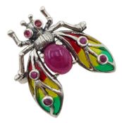 Silver ruby and plique-a-jour bug pendant/brooch