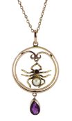 Late Victorian/ Edwardian amethyst and split pearl spider pendant necklace