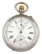 19th century Swiss silver open face keyless chronograph pocket watch