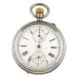 19th century Swiss silver open face keyless chronograph pocket watch