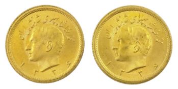 Two Persia (Iran) Mohammed Reza Shah 1 Pahlavi gold coins