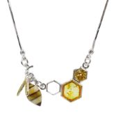 Silver Baltic amber honey bee necklace