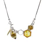 Silver Baltic amber honey bee necklace