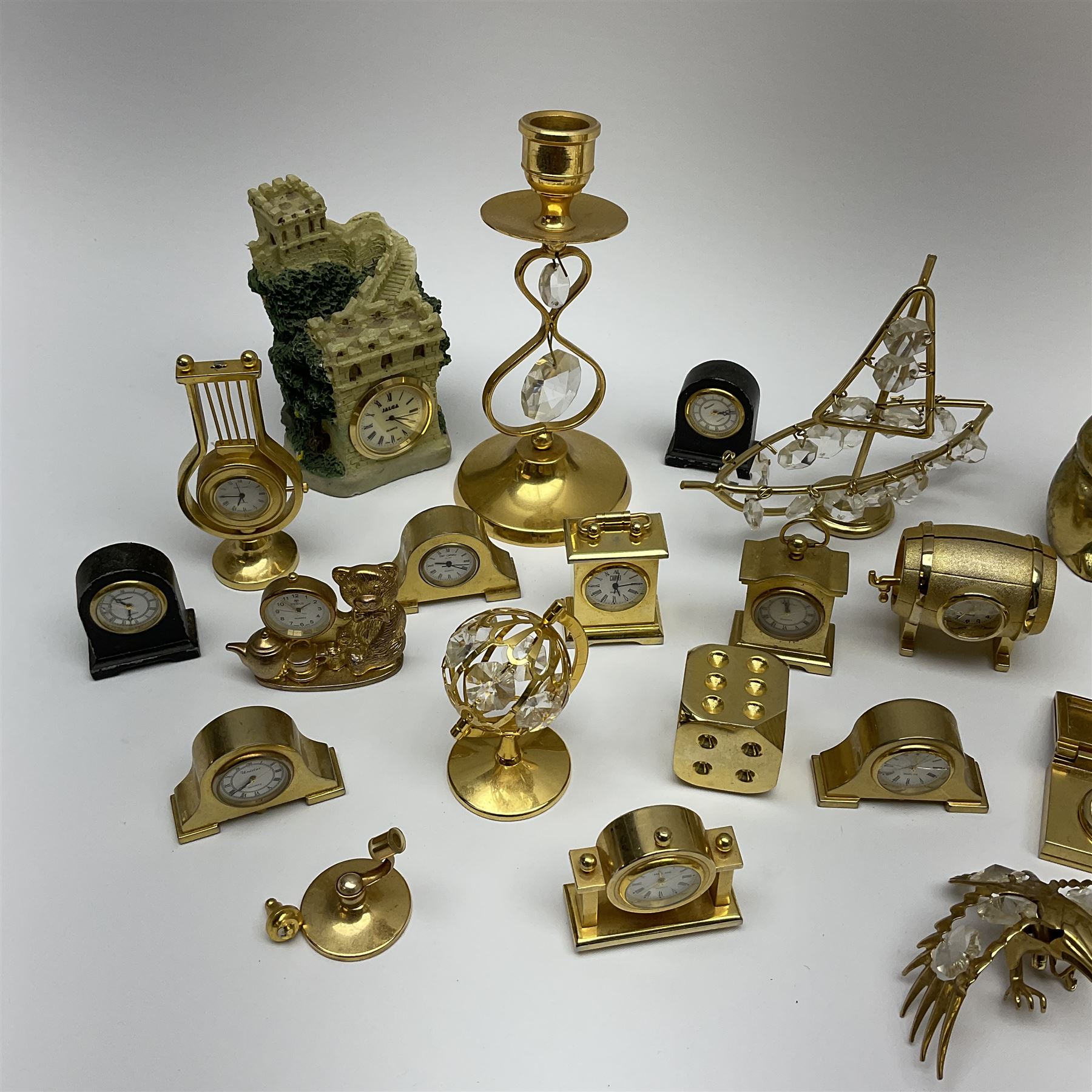 Collection of brass miniature clocks to include examples modelled as mantel clocks - Image 4 of 4