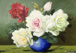 English School (20th century): Still Life Roses in a Vase