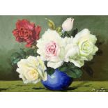 English School (20th century): Still Life Roses in a Vase