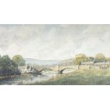 Les Packham (British 20th Century): Rural Landscape with River and Bridge