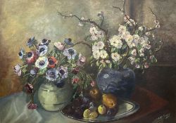 Scandinavian School (20th century): Still Life Two Vases with Flowers and Fruit Bowl