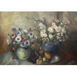 Scandinavian School (20th century): Still Life Two Vases with Flowers and Fruit Bowl