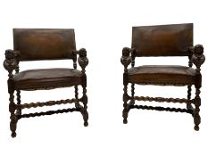 Pair late 19th century oak barley twist framed open armchairs