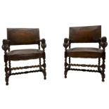 Pair late 19th century oak barley twist framed open armchairs