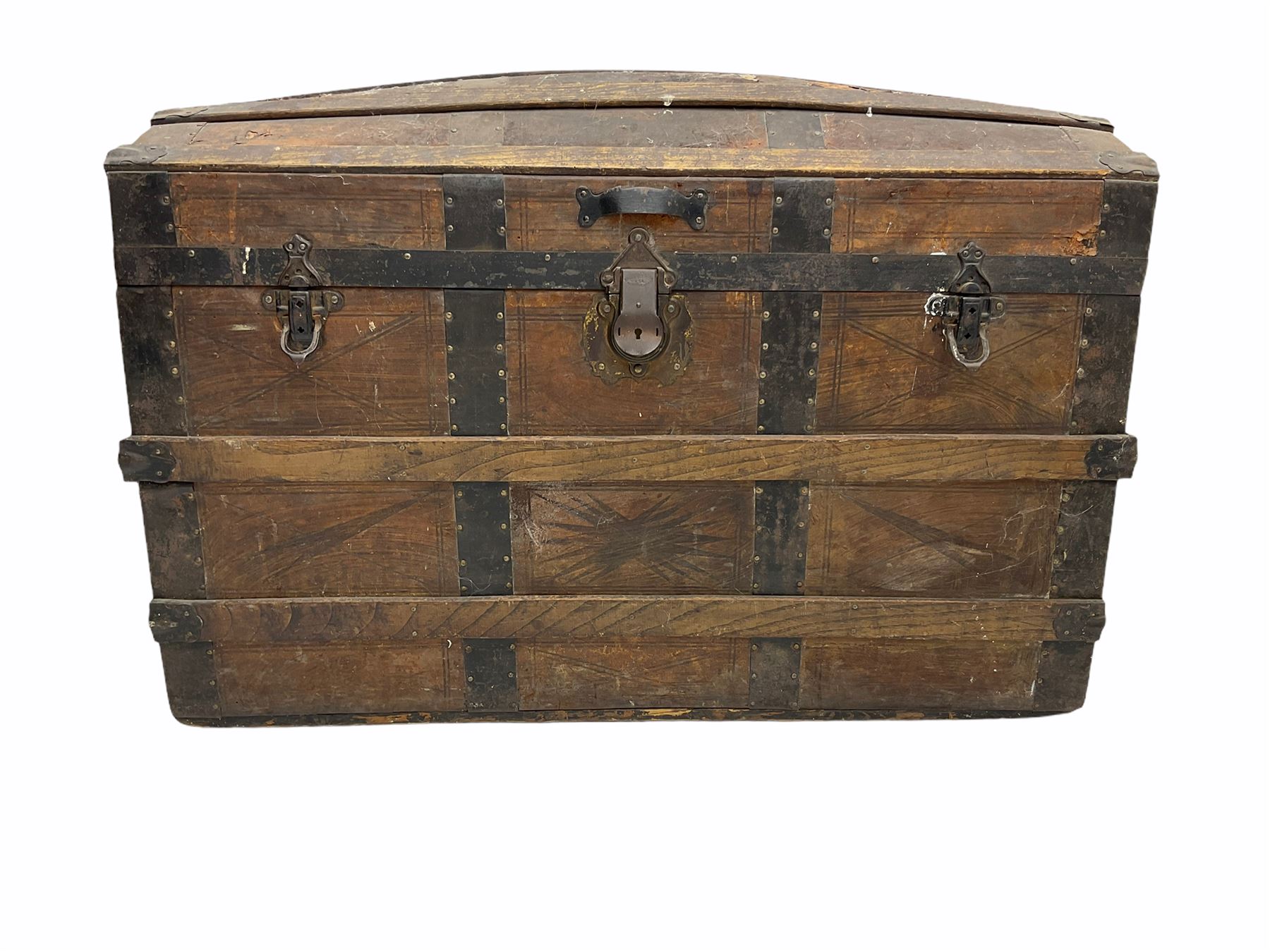 Early 20th century wood and metal bound dome top travelling trunk