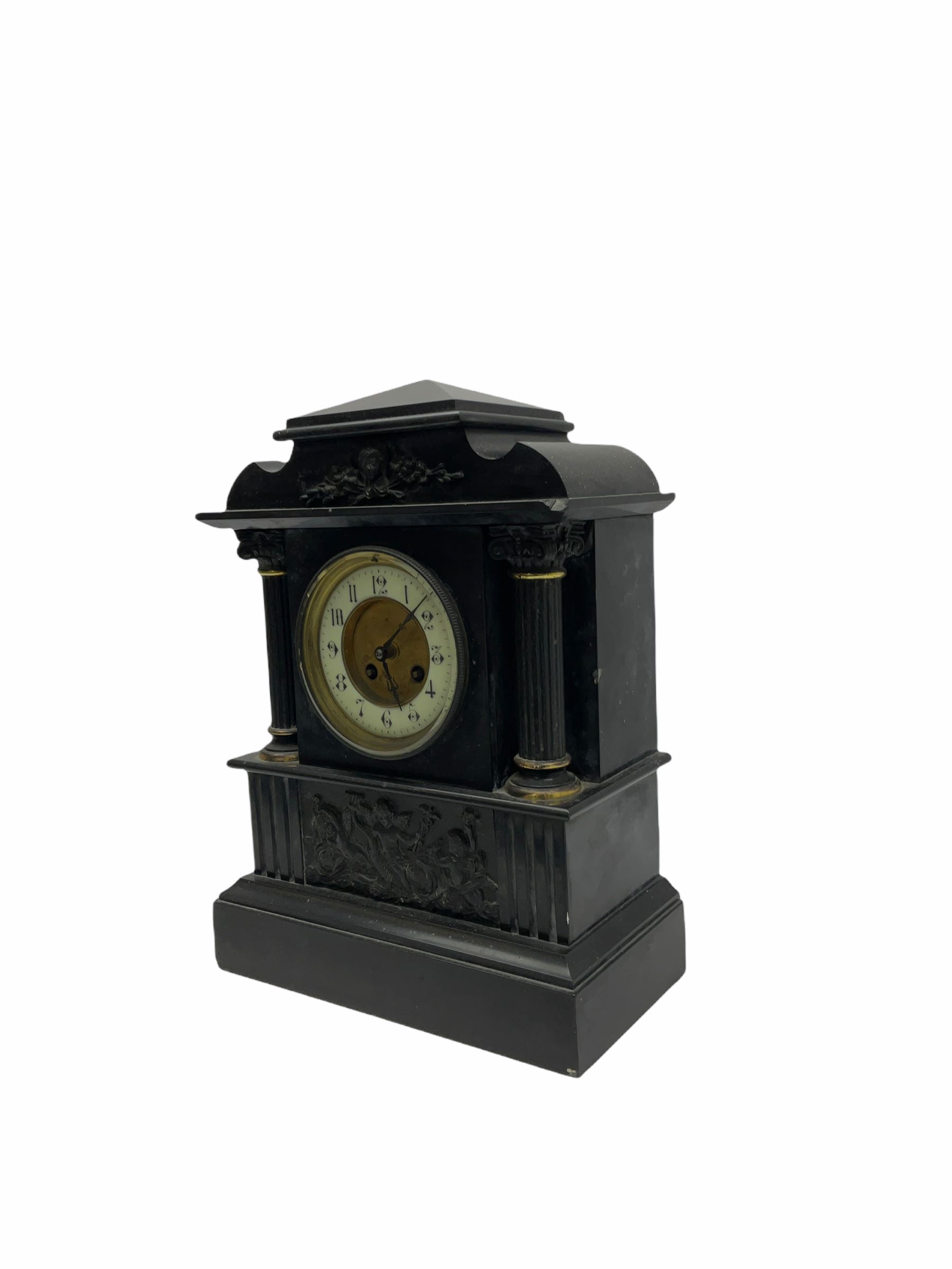 Late 19th century Belgium slate mantle clock with an eight-day French rack striking movement strikin - Image 2 of 3
