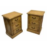 Pair of polished pine three drawer bedside chests