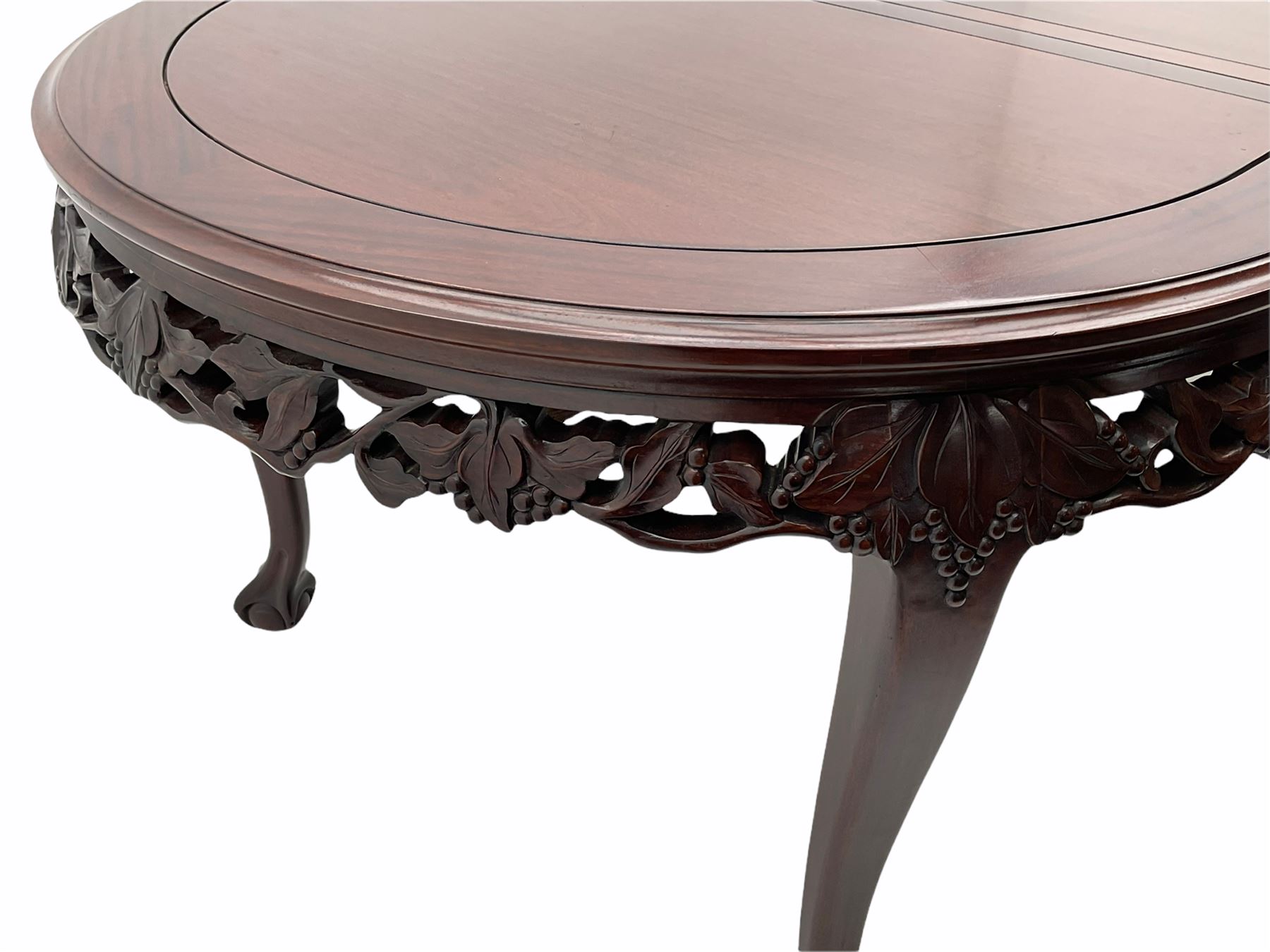 Late 20th century Chinese carved solid hardwood oval extending dining table - Image 8 of 11