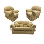 Three piece lounge suite upholstered in beige plain and embossed fabric