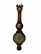A mid-19th century five dial mercury wheel barometer in a mahogany veneered case with painted decora