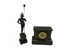 French eight-day timepiece mantle clock in rectangular flat topped Belgium slate case with variegate