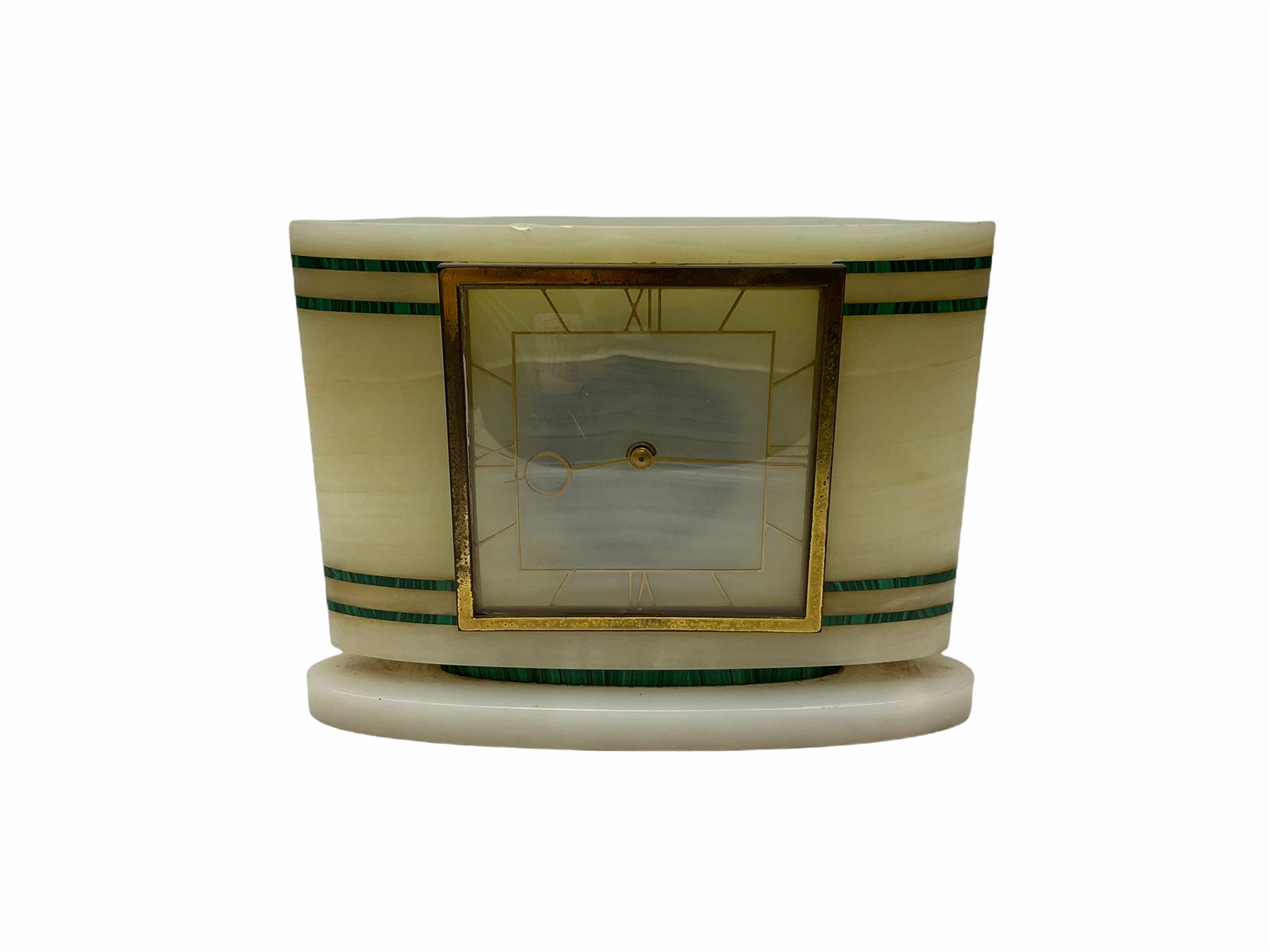 Smiths Industries SEC mains electric driven mantle clock in a rectangular Art Deco alabaster case in - Image 3 of 4