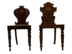 Victorian mahogany hall chair with shaped leaf carved back and a Victorian oak hall chair with shape