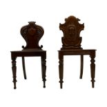 Victorian mahogany hall chair with shaped leaf carved back and a Victorian oak hall chair with shape