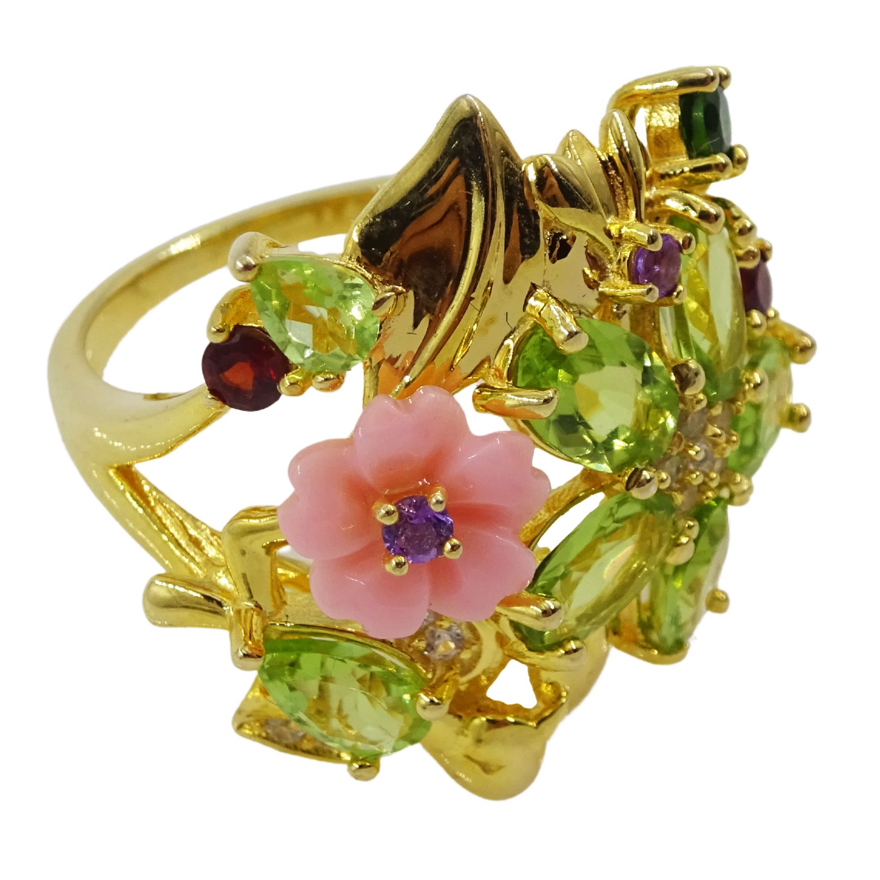 Silver-gilt gemstone set flower cluster ring including coral - Image 3 of 4