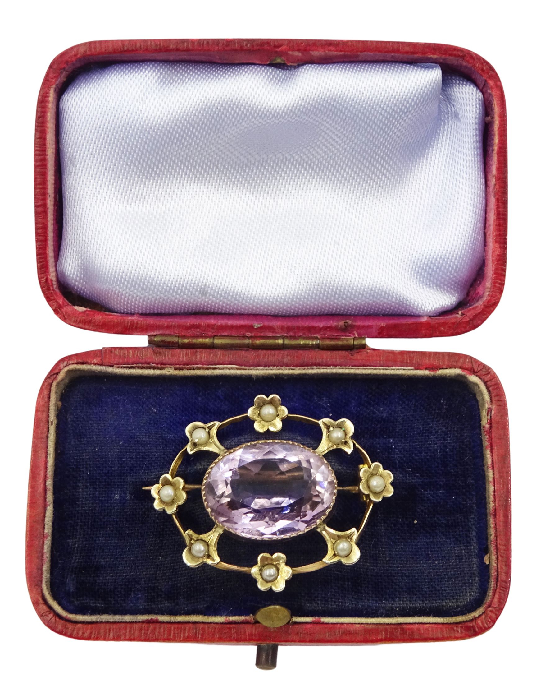 Edwardian 9ct gold oval amethyst and split seed pearl bar brooch - Image 2 of 3