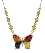 Silver amber butterfly necklace