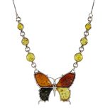 Silver amber butterfly necklace