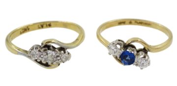 Early 20th century three stone sapphire and diamond ring and a three stone diamond ring
