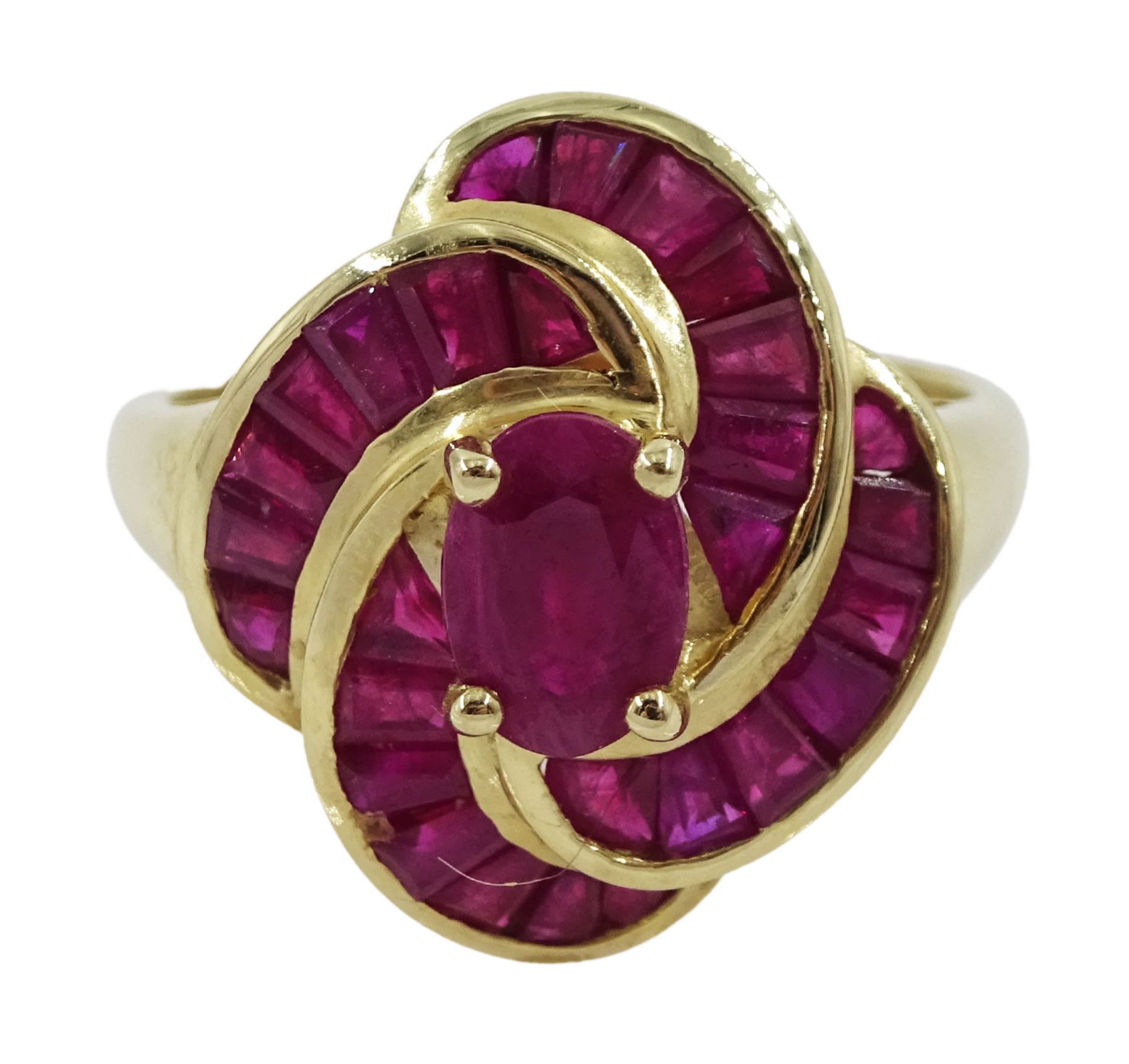 9ct gold oval and baguette ruby swirl ring