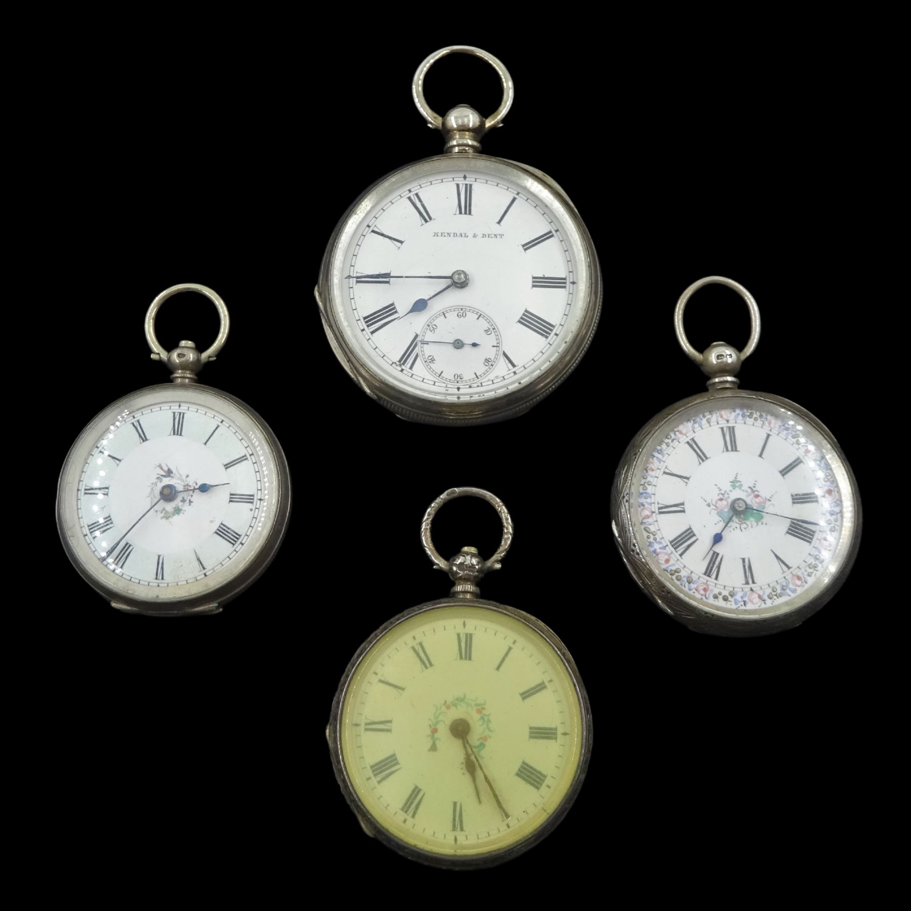 Silver Kendal & Dent pocket watch and three ladies silver cylinder pocket watches