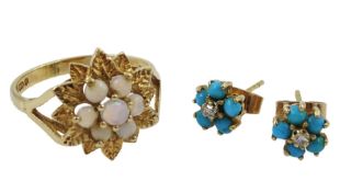 Gold opal cluster ring and a pair of gold turquoise and diamond cluster stud earrings