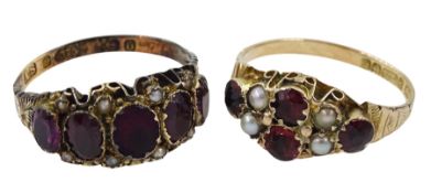 Edwardian 9ct gold garnet and split pearl ring