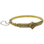 Victorian gold Etruscan Revival hinged bangle set with split pearls