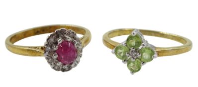 Two silver-gilt ruby and cubic zirconia and peridot and diamond rings