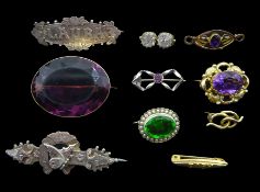 Collection of Victorian and later brooches including two gold amethyst