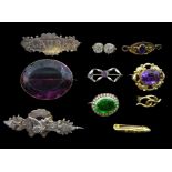 Collection of Victorian and later brooches including two gold amethyst