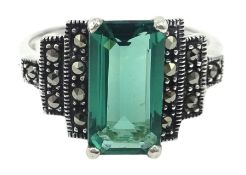 Silver marcasite and green stone stepped design ring