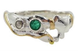 Silver and 14ct gold wire emerald and champagne diamond ring