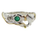 Silver and 14ct gold wire emerald and champagne diamond ring