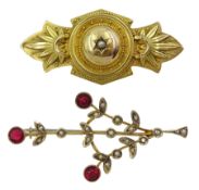 Victorian 15ct gold Etruscan Revival mourning brooch and a 9ct gold red stone and split pearl floral