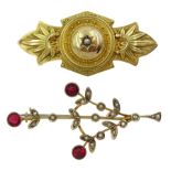 Victorian 15ct gold Etruscan Revival mourning brooch and a 9ct gold red stone and split pearl floral