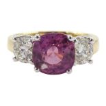 18ct gold three stone round pink sapphire and round brilliant cut diamond ring