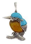 Silver turquoise and Baltic amber kingfisher pendant
