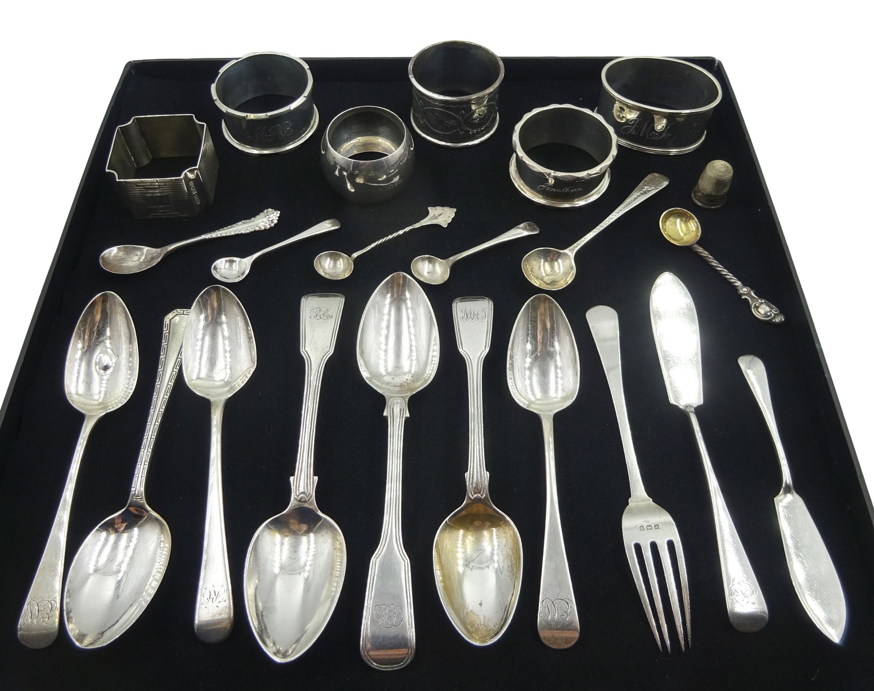 Six silver napkin rings and a collection of Georgian and later flatware