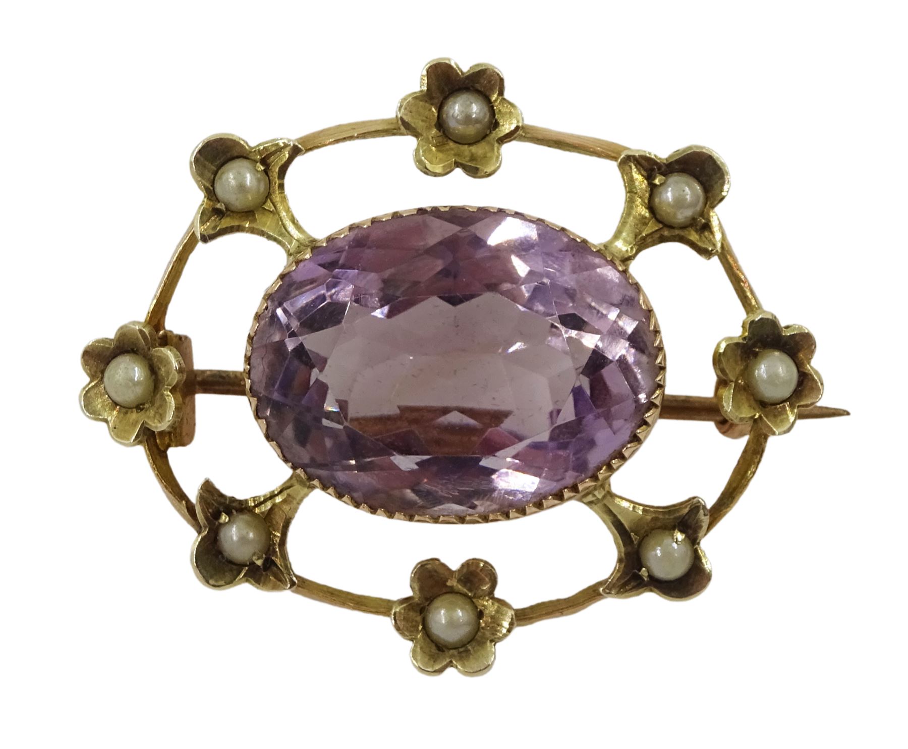 Edwardian 9ct gold oval amethyst and split seed pearl bar brooch